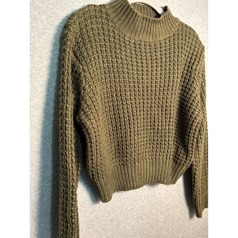 Poof Waffle Knit Sweater M Olive Mock Neck Chunky Cottagecore Cozy Pullover